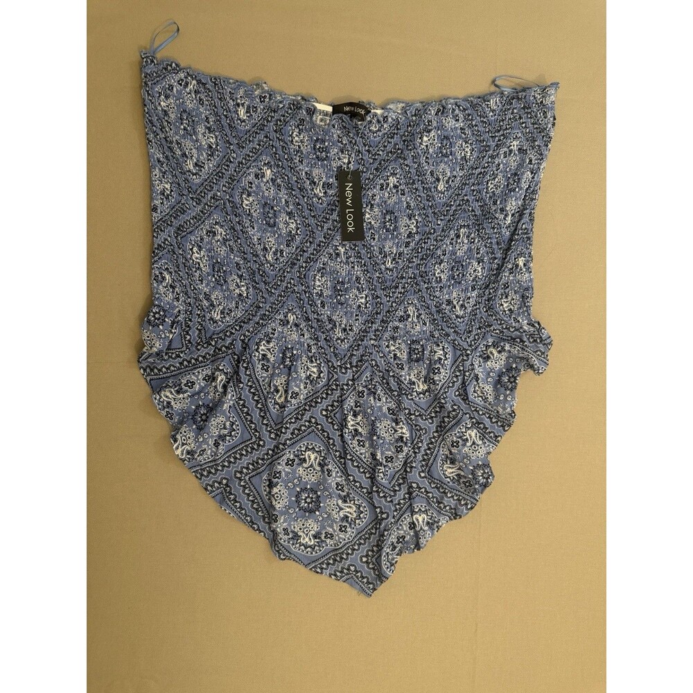 Blue Bandana Paisley Smocked Tube Top Asymmetrical Peplum Strapless Boho 3X
